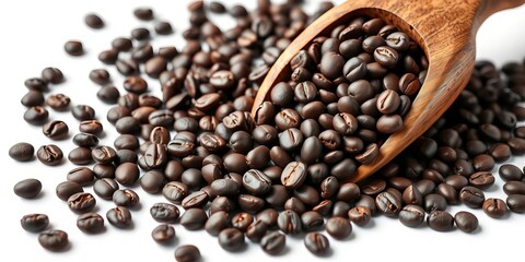 Dark roasted coffee beans overflowing from a rustic wooden scoop on pristine white background,  product photography,  latte