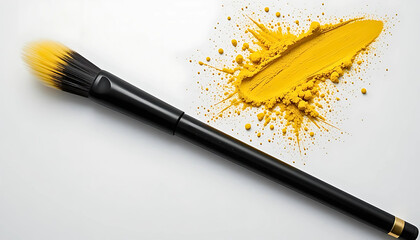 Professional Makeup Brush with Vibrant Yellow Powder Smudge on White Background - Cosmetics, Beauty, Creative Artistry