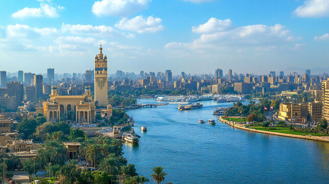 Cairo Skyline and Nile River View in Egypt Urban Landscape