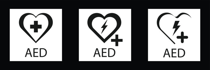 AED First Aid Kit Icon. Heart with Lightning Bolt Symbol