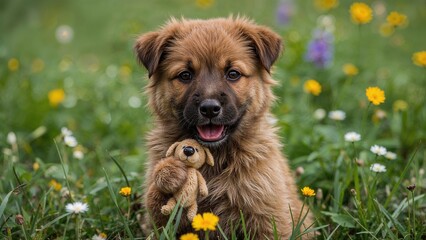 Border Terrier dog aged eight months having fun with a toy