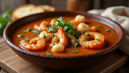Rustic seafood soup in ceramic bowl with herbs and bread, captured in warm tones for menu designs and culinary branding.