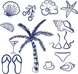Hand-drawn vector icons or emblems inspired by  summer Italian or Greek vacations, created in a sketch style. Simple ink-style summer holiday illustrations, perfect for posters, placards, or prints.