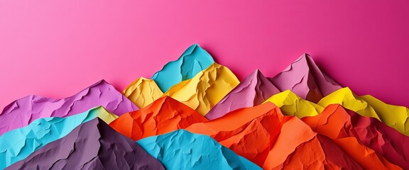 Layered paper cut mountain range, vibrant hues, textured peaks,  background,  folded paper