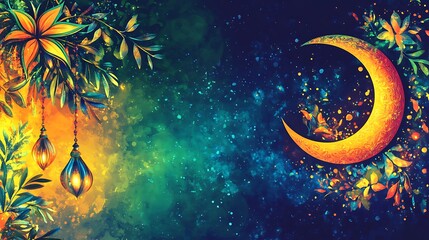 Nighttime scene with moon, foliage, and glowing lanterns