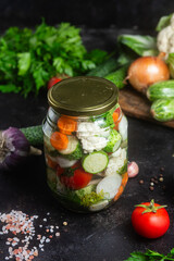 Jar of Pickled Vegetables with Fresh Ingredients