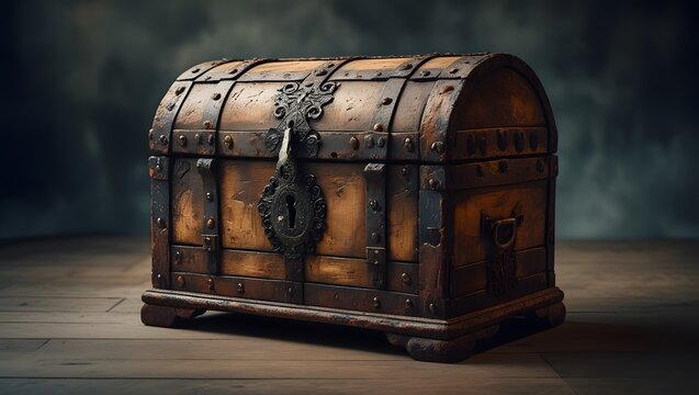 Antique Wooden Treasure Chest with Ornate Carvings
