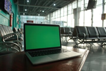 Laptop with green screen in airport waiting area (1)