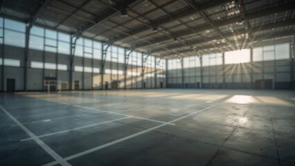 Out-of-focus scene of a roomy indoor sports facility flooded with natural light from big windows and a bare concrete floor. Blurred image for use as background.