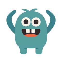 Blue monster icon. Happy Halloween. Funny cartoon kawaii character. Smiling face. Cute colorful monsters silhouette. Horns, teeth eyes, hands. Flat design. Childish style. White background. Vector