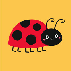 Cute lady bug, lady bird icon. Cute cartoon kawaii funny baby character. Black and red insect. Card Sticker print. Happy Valentines Day. Childish style. Flat design. Isolated. Yellow background. Vecto