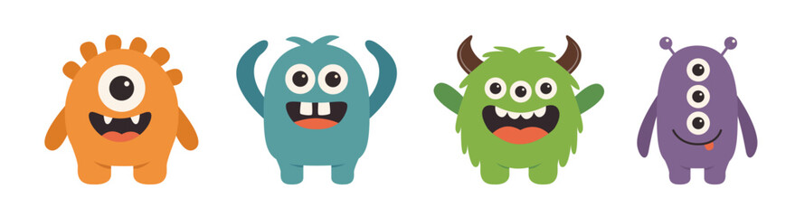 Happy Halloween. Monster set line. Funny cartoon kawaii baby character face. Cute colorful monsters silhouette icon. Horns, teeth, eyes, hands. Flat design. Childish style. White background. Vector
