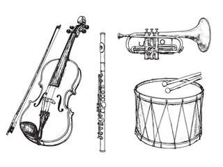 Engraved musical instruments set featuring violin trumpet flute and drum in vintage black and white style © Gabut Stock