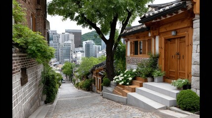 Naklejka premium Narrow streets with wooden houses and stone walls glow in warm light as people stroll through the charming alley