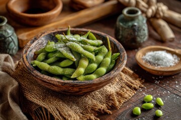 Roasted edamame in a wooden bowl, seasoned with salt