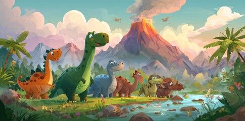Colorful dinosaurs near a volcano in a lush prehistoric landscape © Flowers