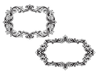 Ornate floral frame engraving with elegant swirls and leaves in classic vintage border layout