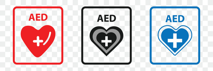 Set of AED emergency defibrillator icon sign symbol. First aid Automated external defibrillator. Eps 10.