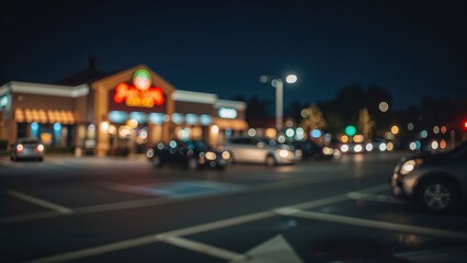 Softly focused parking lot outside a restaurant illuminated by night lights