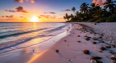 Stunning tropical beach scene at sunset with glowing sky, palm trees, calm ocean waves, white sand, seaweed, and radiant sunlight reflecting on the water and wet sand