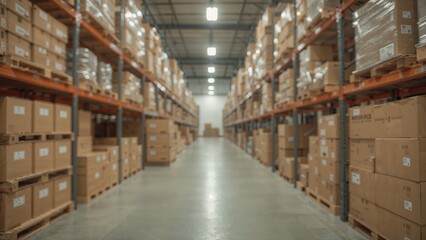 Fototapeta premium Out-of-focus photo of a vast furniture storage area or industrial warehouse corridor