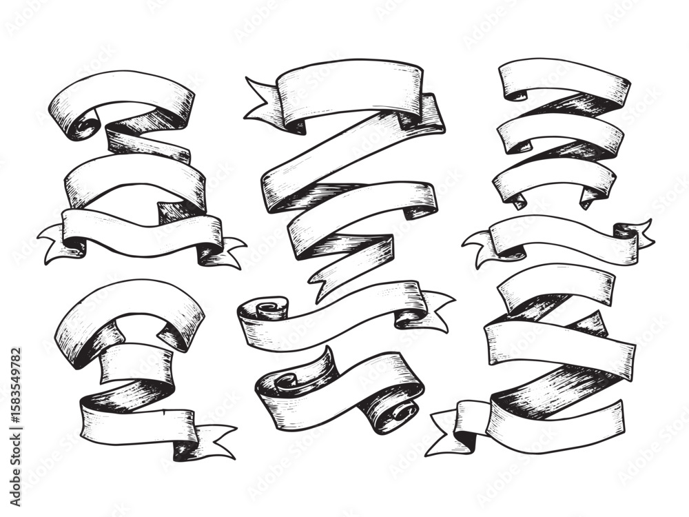 Wall mural classic ribbon banners engraved in different folds and curls for vintage graphic design