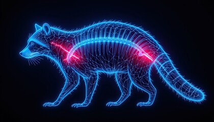 Side view of a glowing raccoon, highlighting its skeletal structure.