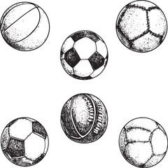 Sports balls football soccer tennis basketball set sketch engraving vector illustration. Tee shirt apparel print design. Scratch board style imitation. Black and white hand drawn image.