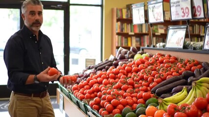 Man Selecting Tomatoes at a Grocery Store Produce Section