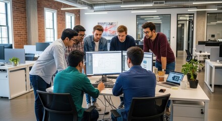 A group of men working together on a computer in a modern office setting.