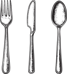 Cutlery set fork knife spoon sketch engraving vector illustration. T-shirt apparel print design. Scratch board imitation. Black and white hand drawn image.