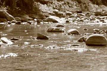A close-up, sepia-toned view of a shallow river with glistening water flowing over a bed of smooth,...