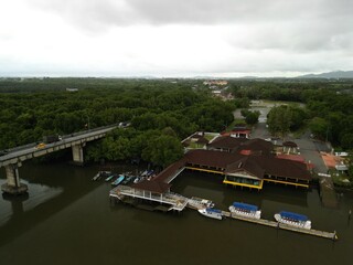 Morning traffic on bridge with river and mangrove area.