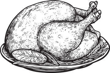 Roast turkey chicken meat food sketch engraving vector illustration. Scratch board style imitation. Black and white hand drawn image.
