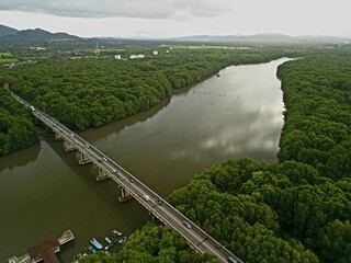 Morning traffic on bridge with river and mangrove area.