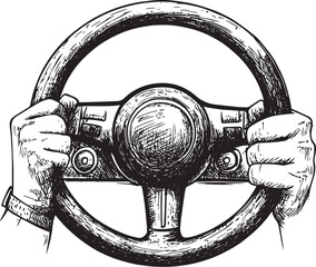 Hands of racer on car steering wheel sketch engraving vector illustration. Scratch board style imitation. Black and white hand drawn image.