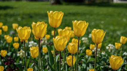 Sunny yellow tulips flowering in a lush garden scene