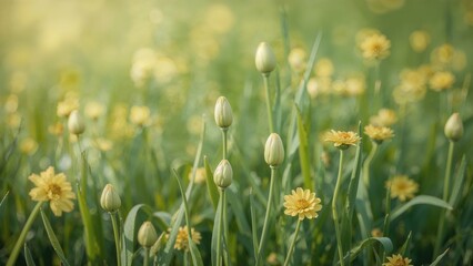 Fototapeta premium Abstract blurred backdrop with green and yellow cabbage blossoms, space for text