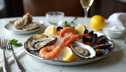 Photorealistic seafood platter on white marble, served with crushed ice, lemon, glassware and silver tongs, created with focus stacking for luxury branding.