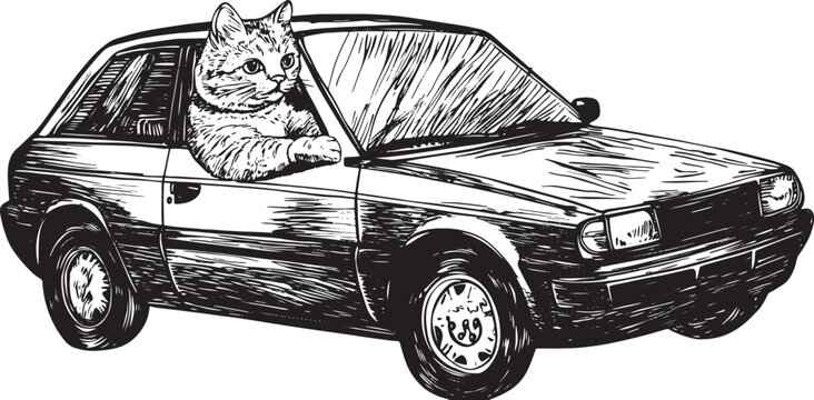 Cat driving car sketch engraving vector illustration. Scratch board style imitation. Black and white hand drawn image.