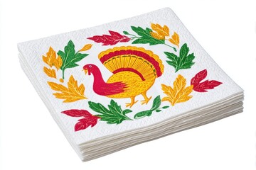 Festive Thanksgiving Paper Napkin with Turkey and Leaf Prints on White Background, Holiday Decor for Thanksgiving Celebration