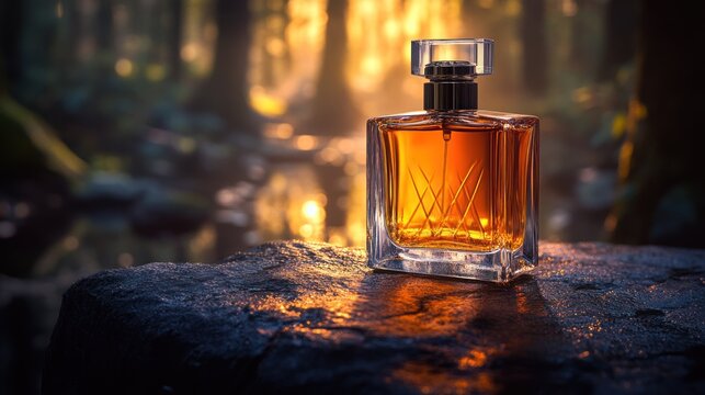Amber perfume bottle, bathed in golden sunlight, sits on a mossy rock in a misty forest