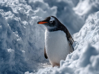 Fototapeta premium Gentoo Penguin in deep snow. Antarctica, Antarctic Peninsula, Wiencke Island.