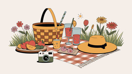 Outdoor picnic setup with fruit platter, wicker basket, pink sunglasses, straw hat, and drinks—evoking summer leisure and stylish charm