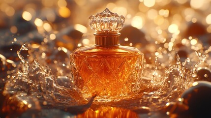 Amber perfume bottle in water splash