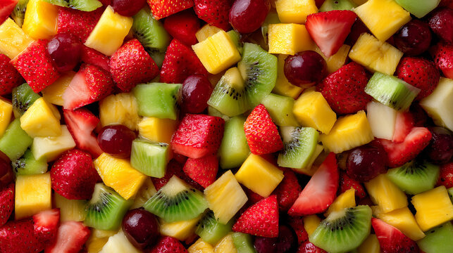 イチゴ・キウイ・マンゴー・ぶどうなどが彩り豊かに並ぶカットフルーツのミックス構図。ヘルシーな食生活や夏向けのコンテンツに適したビジュアル。
