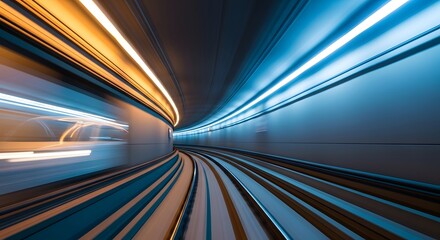 Blurry motion of a fast train speeding through a lit subway tunnel