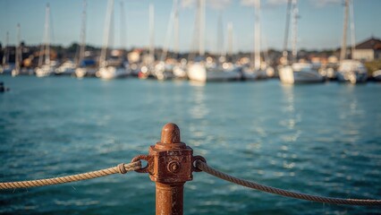 Rope wrapped around a pier post with out-of-focus ships behind