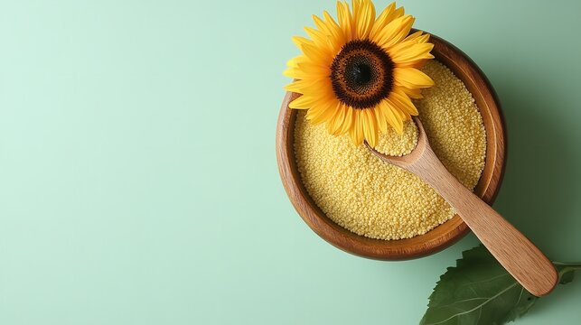 An appetizing vegan dish notion with wood dish with sunflower grits with spoon blooms over pale green setting hue delish food, Generative AI. - Powered by Adobe