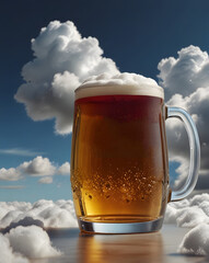 Whimsical cartoon of floating beer mug mistakenly holding wine glass on cloud, humorous concept with pun text, cute confused face and soft white setting